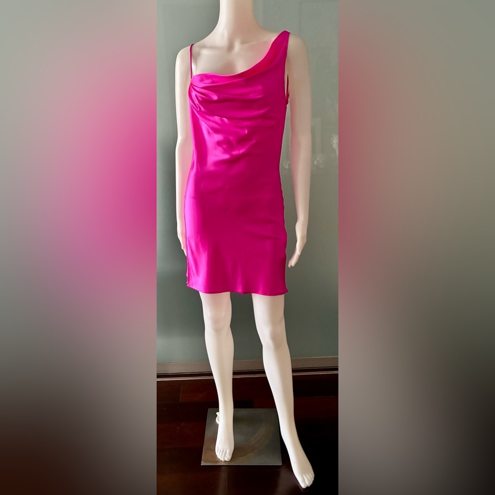 Chè by Chelsey hot pink satin silk slip dress lower back drape collar size L